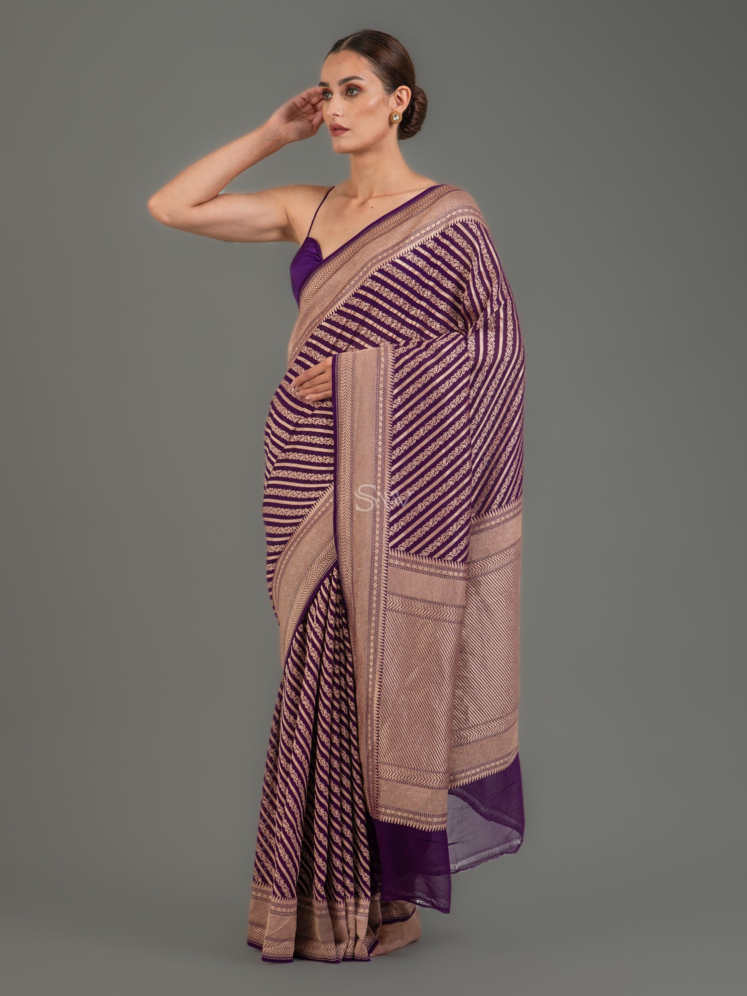 Purple Stripe Khaddi Georgette Handloom Banarasi Saree - Sacred Weaves
