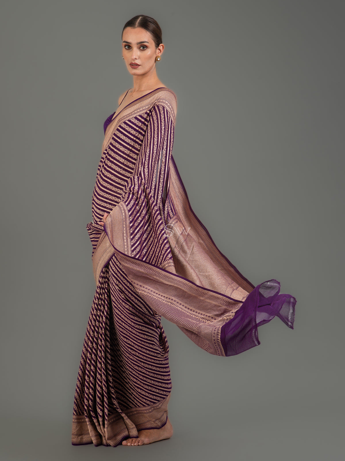 Purple Stripe Khaddi Georgette Handloom Banarasi Saree - Sacred Weaves