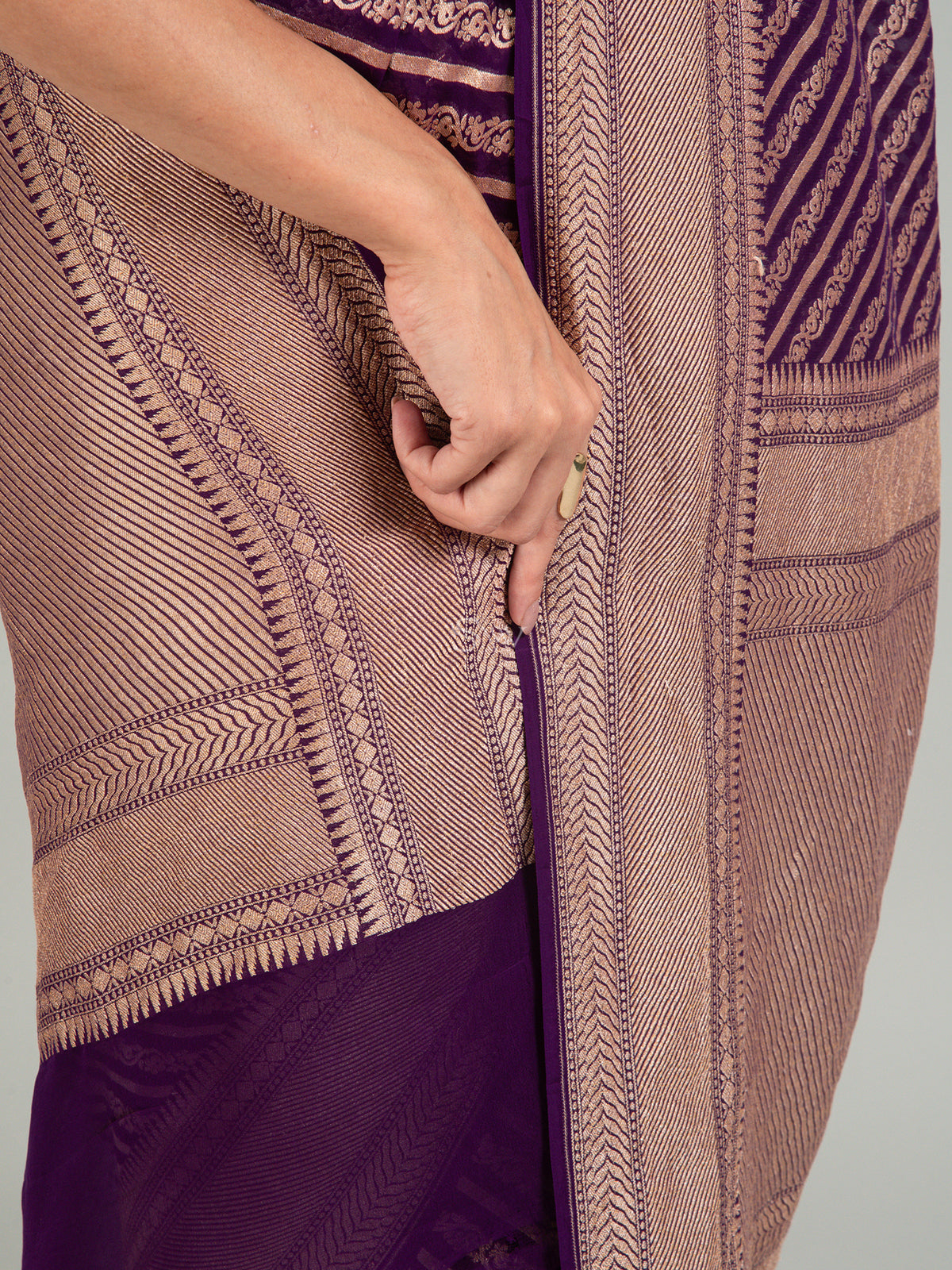 Purple Stripe Khaddi Georgette Handloom Banarasi Saree - Sacred Weaves