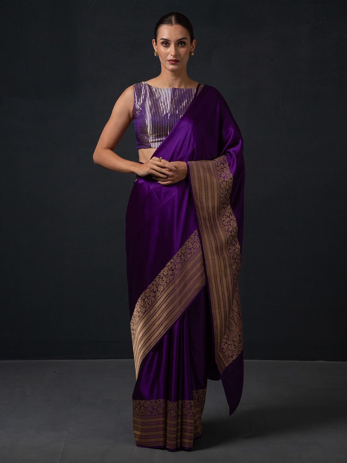 Purple Plain Satin Silk Handloom Banarasi Saree - Sacred Weaves