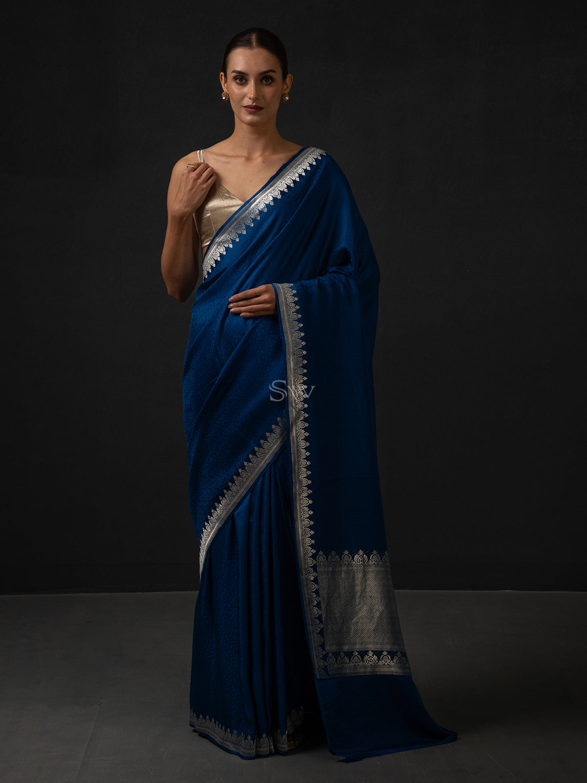 Midnight Blue Satin Tanchoi Handloom Banarasi Saree - Sacred Weaves