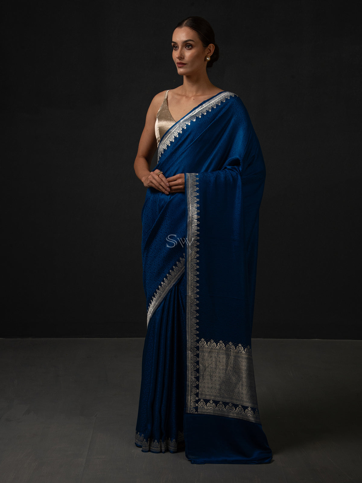Midnight Blue Satin Tanchoi Handloom Banarasi Saree - Sacred Weaves