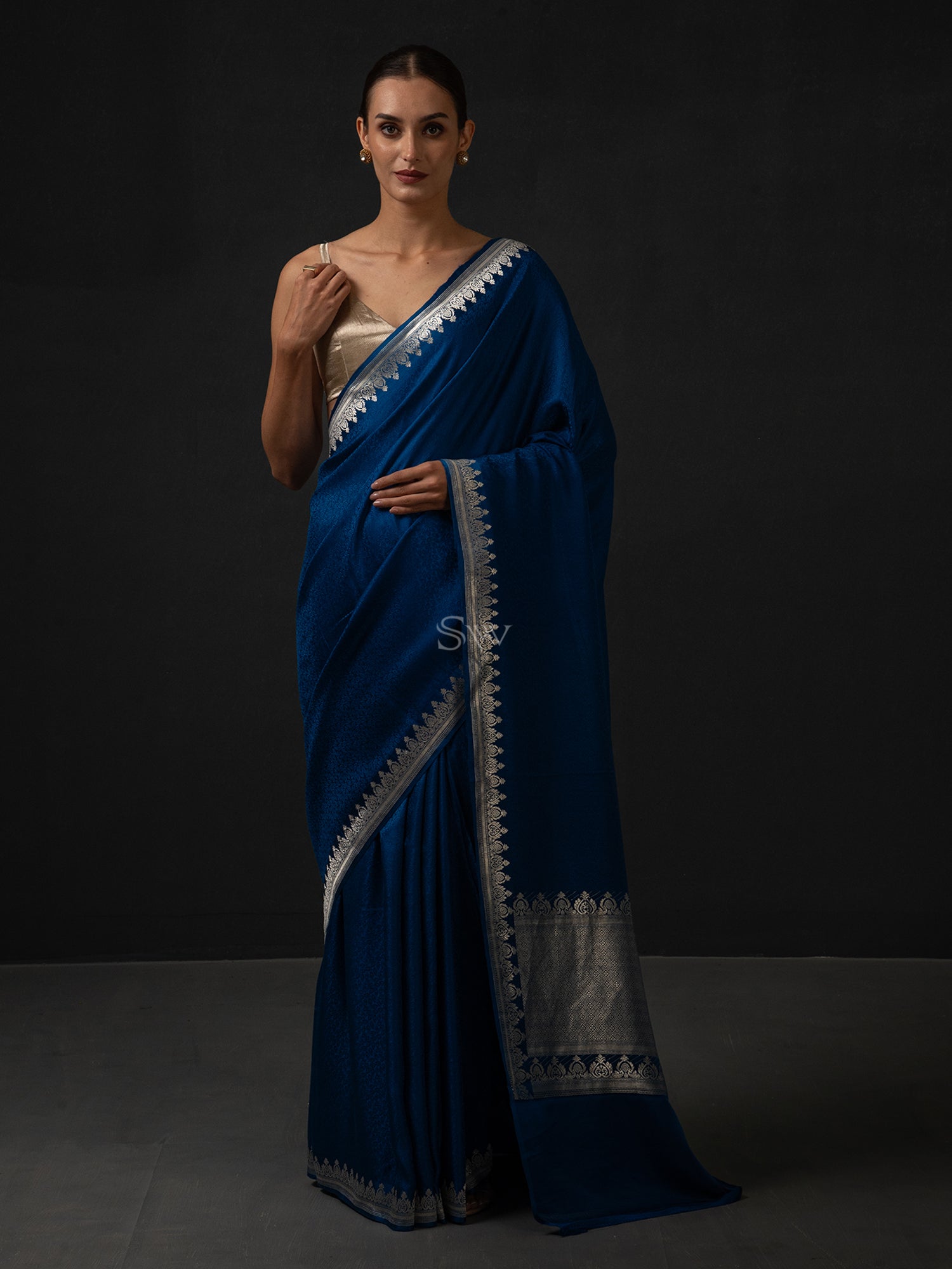Midnight Blue Satin Tanchoi Handloom Banarasi Saree - Sacred Weaves