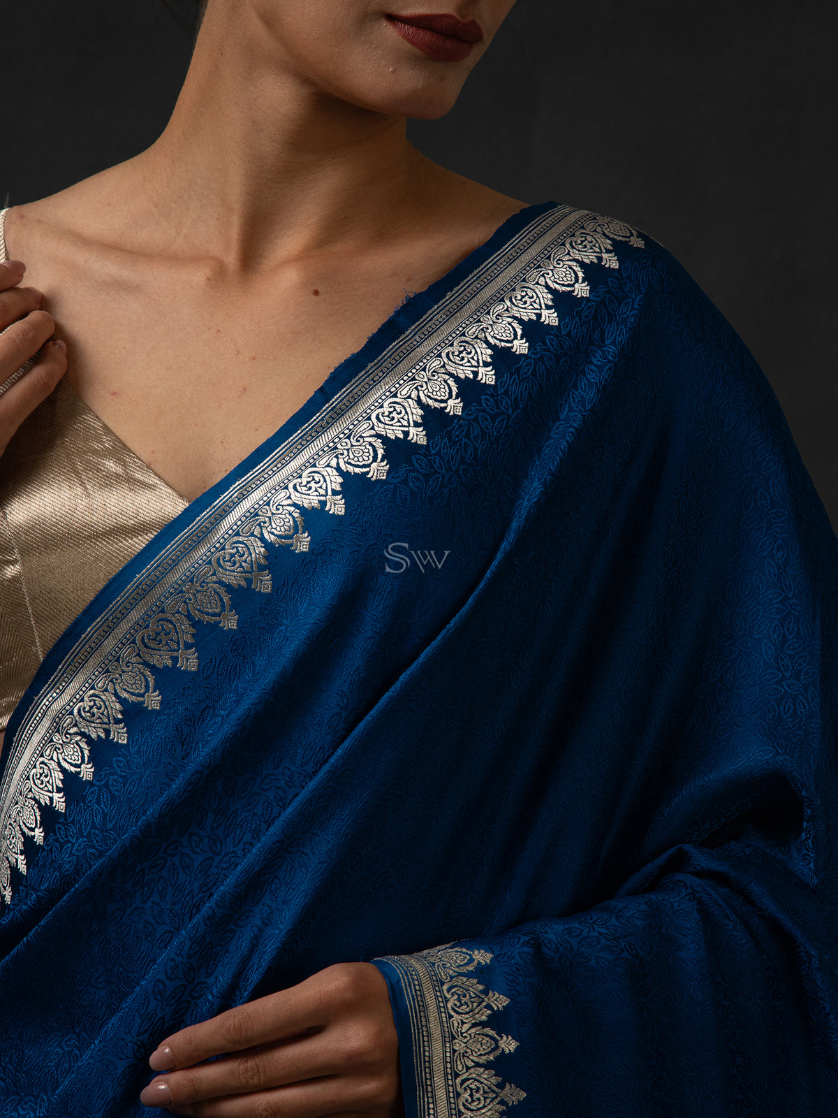 Midnight Blue Satin Tanchoi Handloom Banarasi Saree - Sacred Weaves