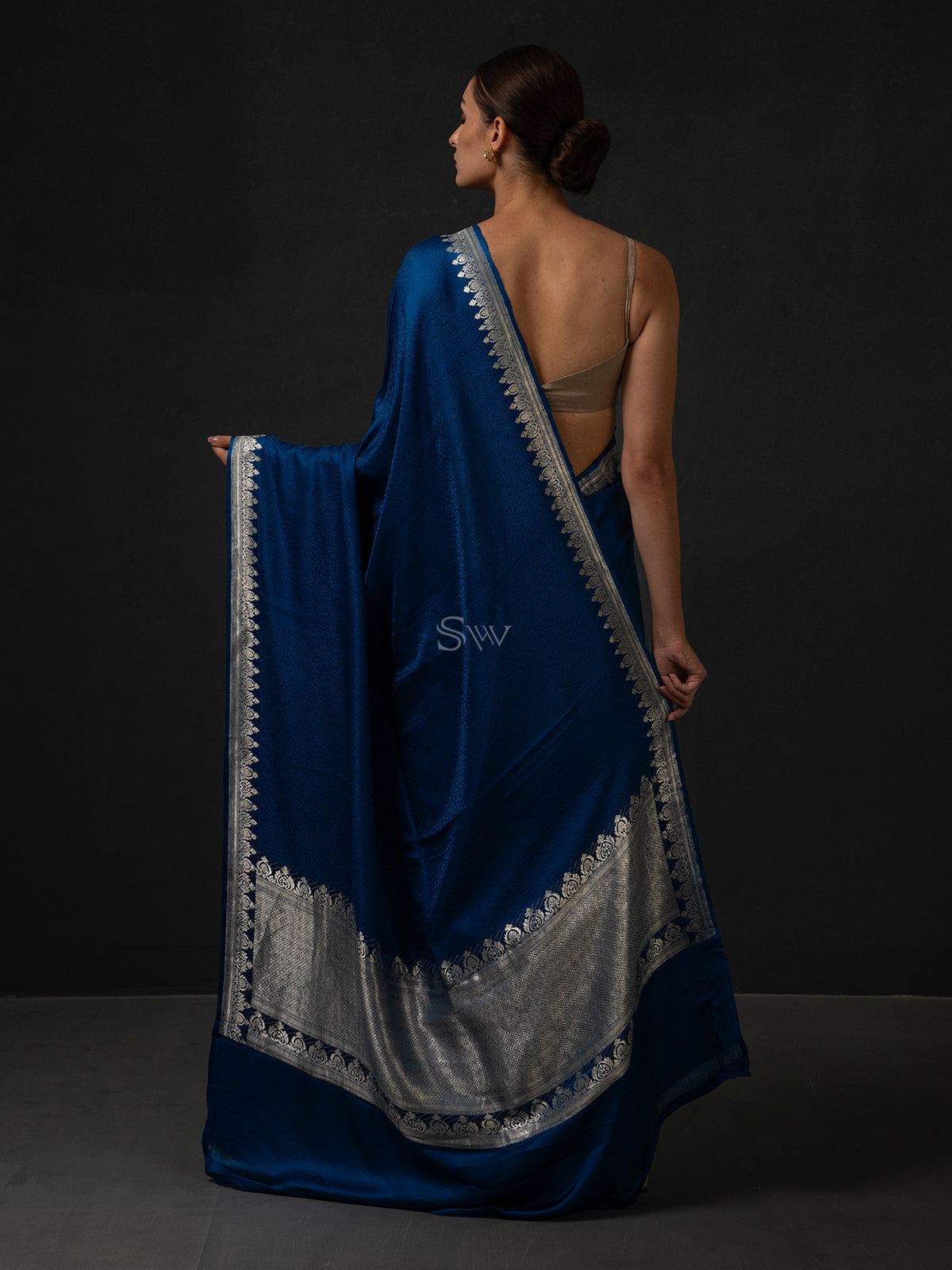 Midnight Blue Satin Tanchoi Handloom Banarasi Saree - Sacred Weaves