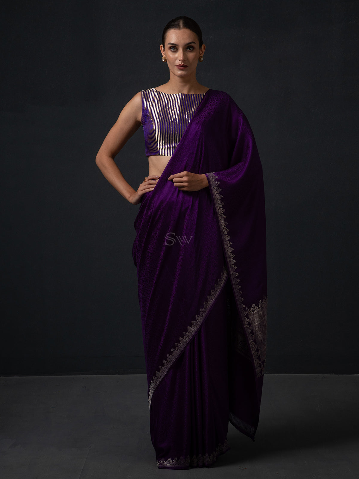 Dark Purple Satin Tanchoi Handloom Banarasi Saree - Sacred Weaves