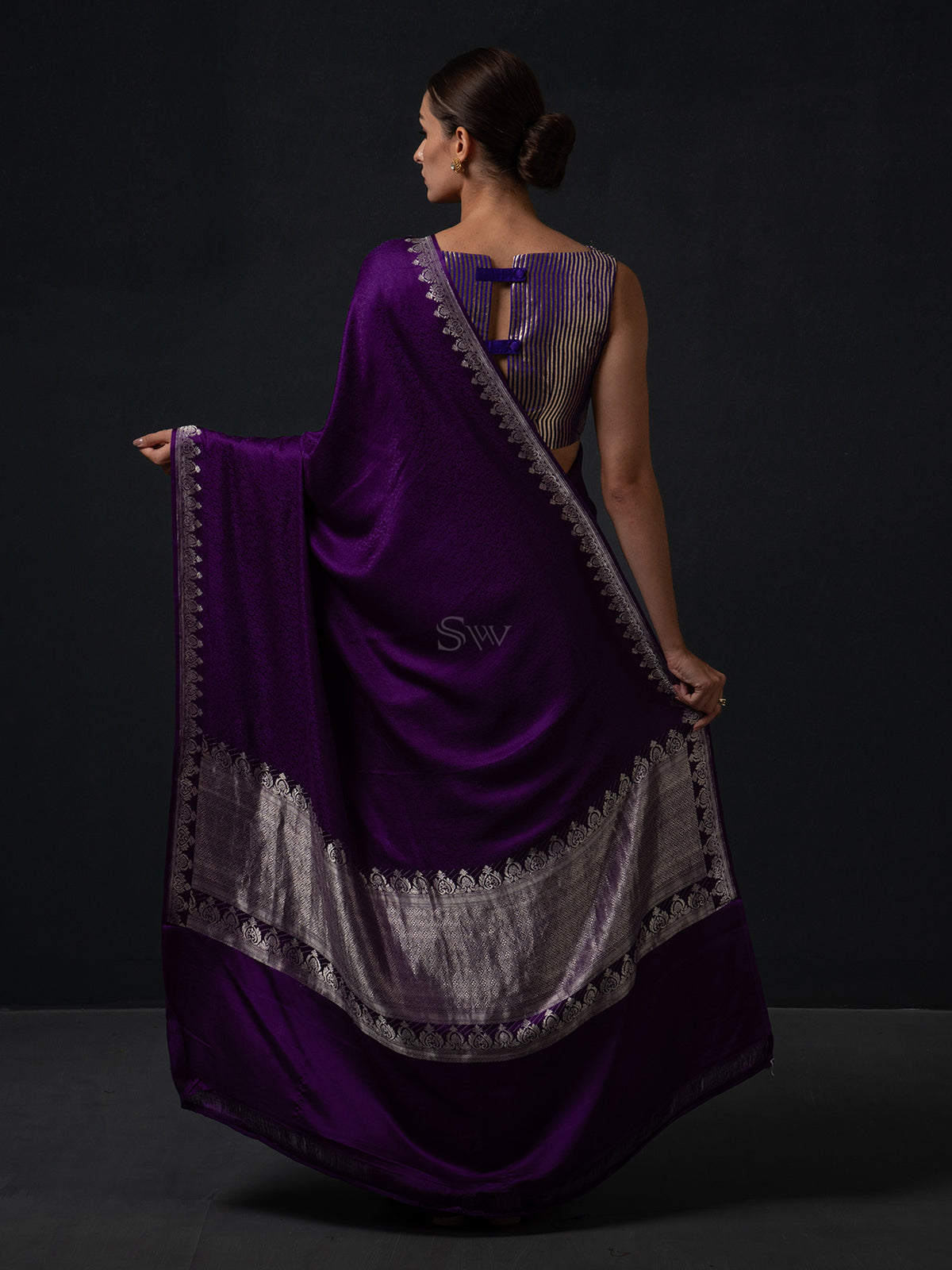 Dark Purple Satin Tanchoi Handloom Banarasi Saree - Sacred Weaves