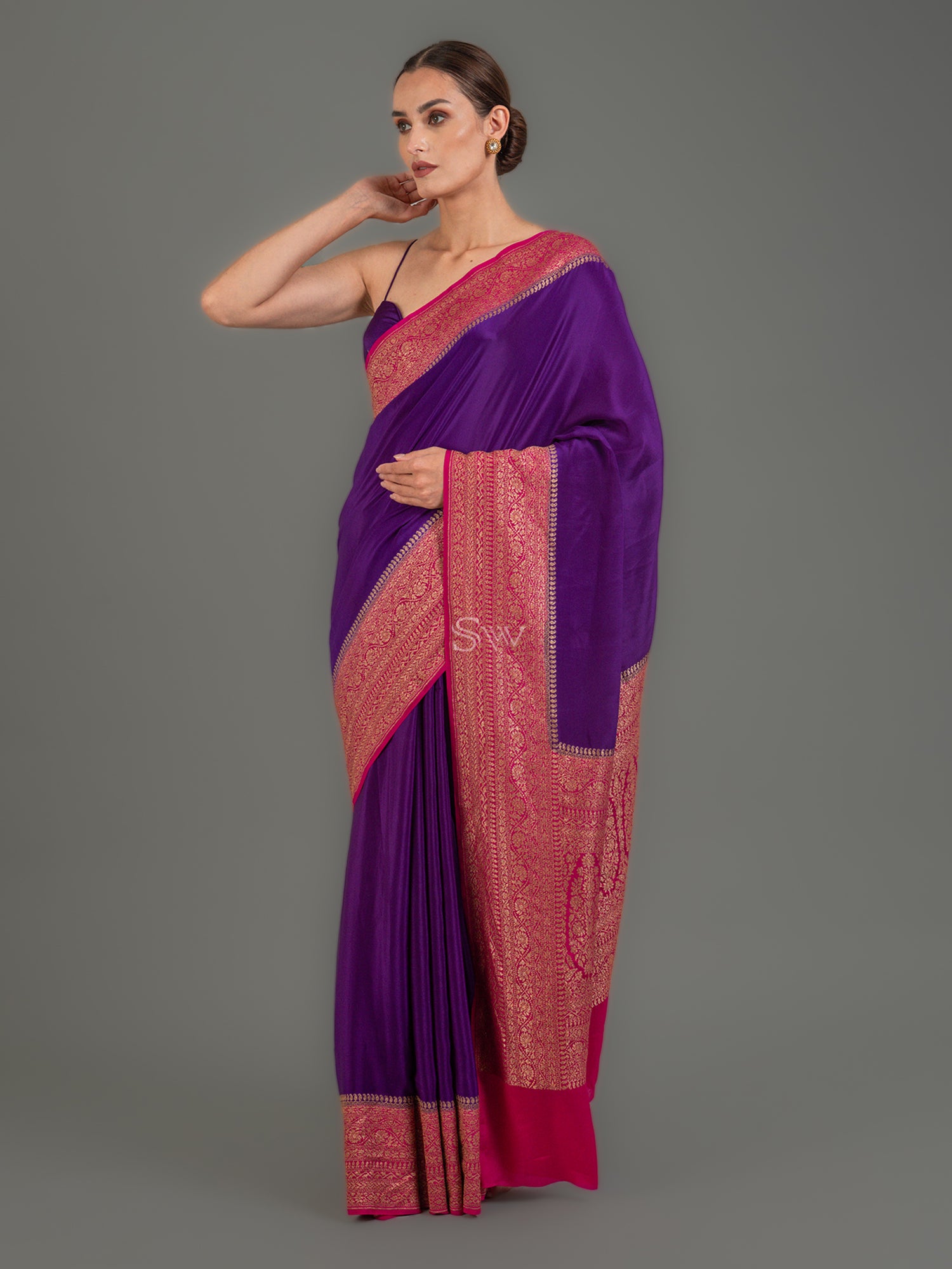 Purple Plain Crepe Silk Handloom Banarasi Saree - Sacred Weaves