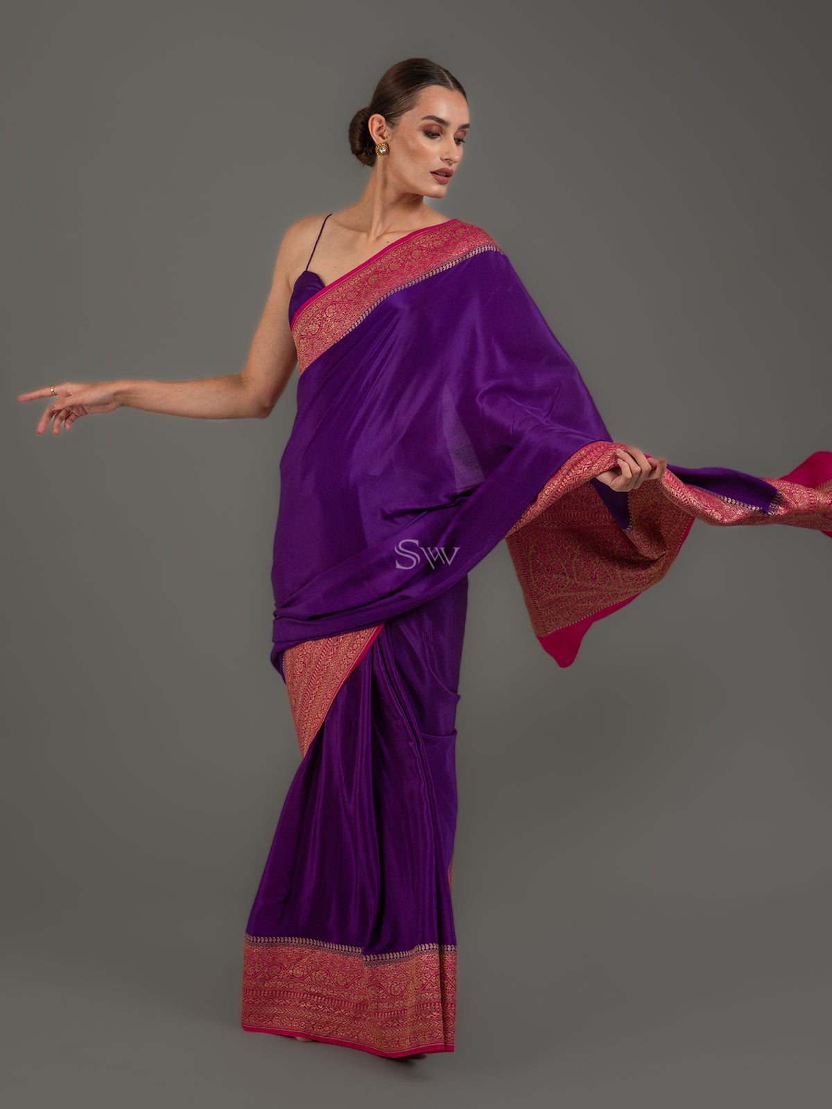 Purple Plain Crepe Silk Handloom Banarasi Saree - Sacred Weaves