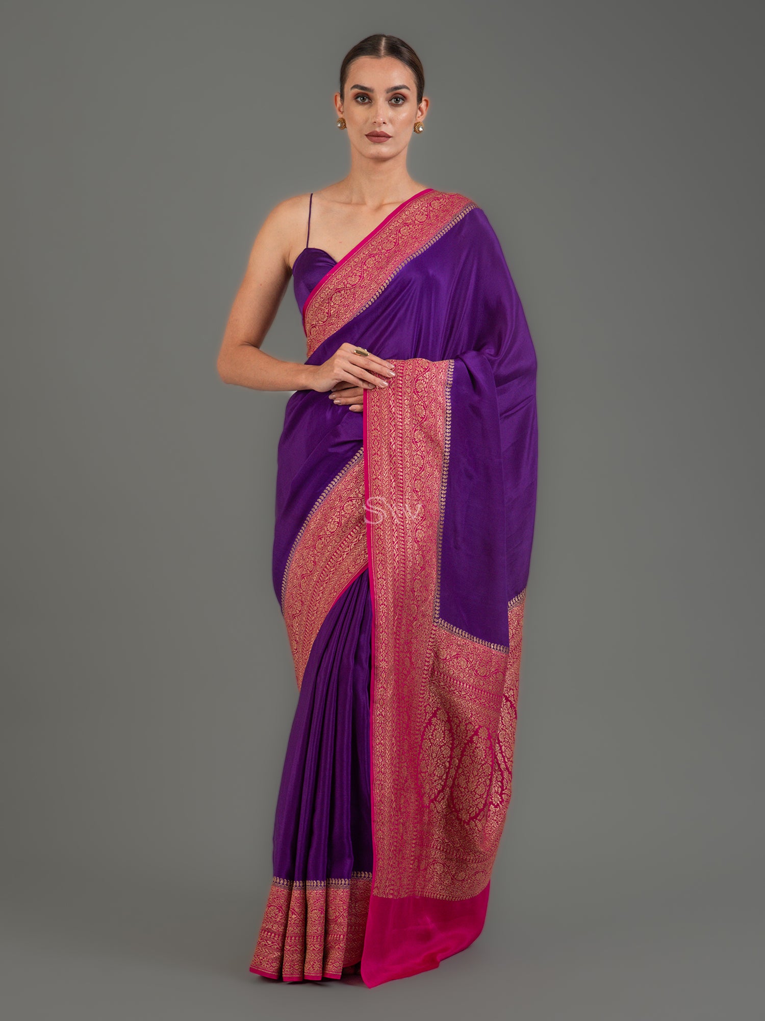 Purple Plain Crepe Silk Handloom Banarasi Saree - Sacred Weaves