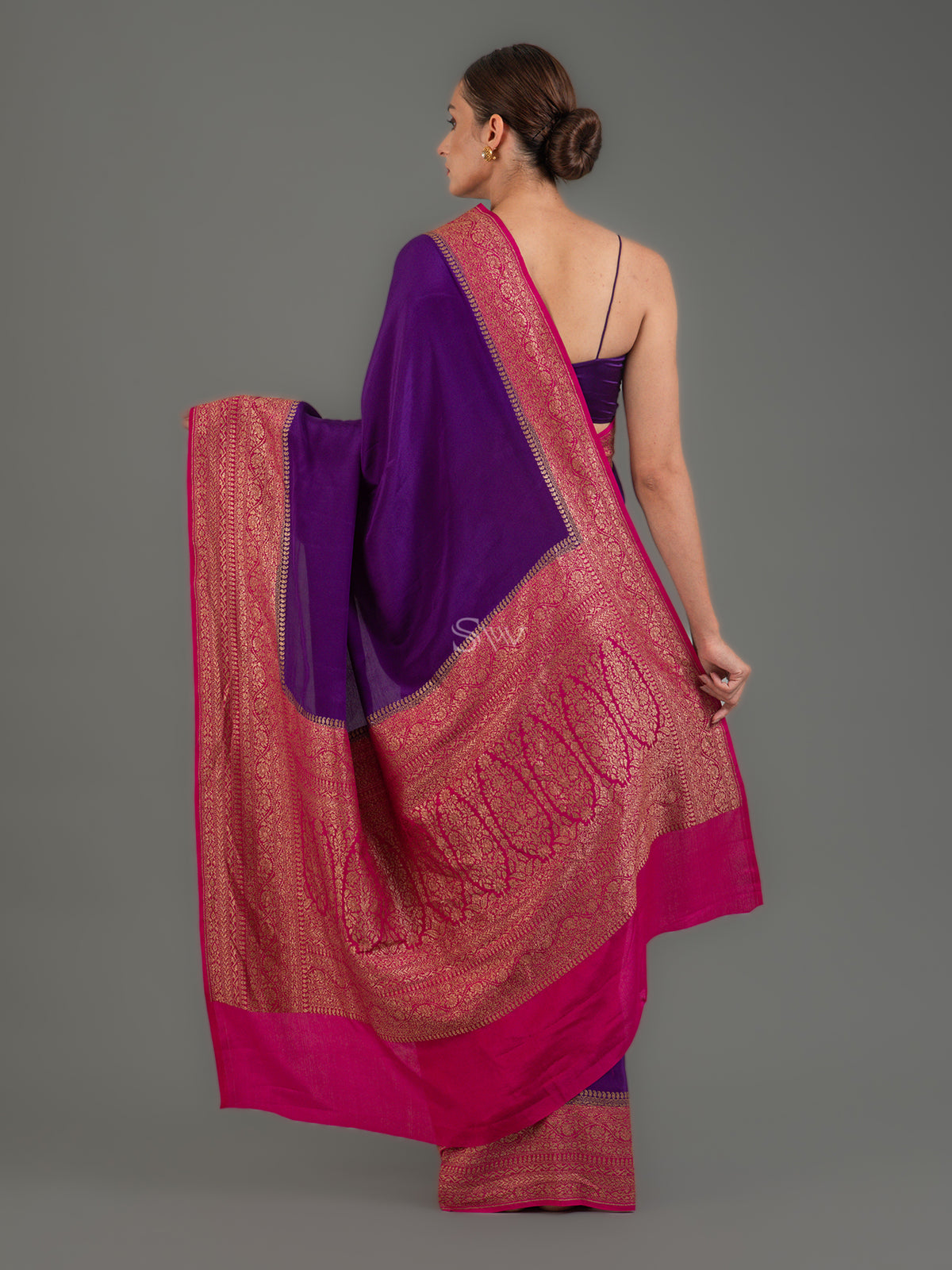 Purple Plain Crepe Silk Handloom Banarasi Saree - Sacred Weaves