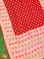 Red Booti Khaddi Georgette Handloom Banarasi Saree - Sacred Weaves