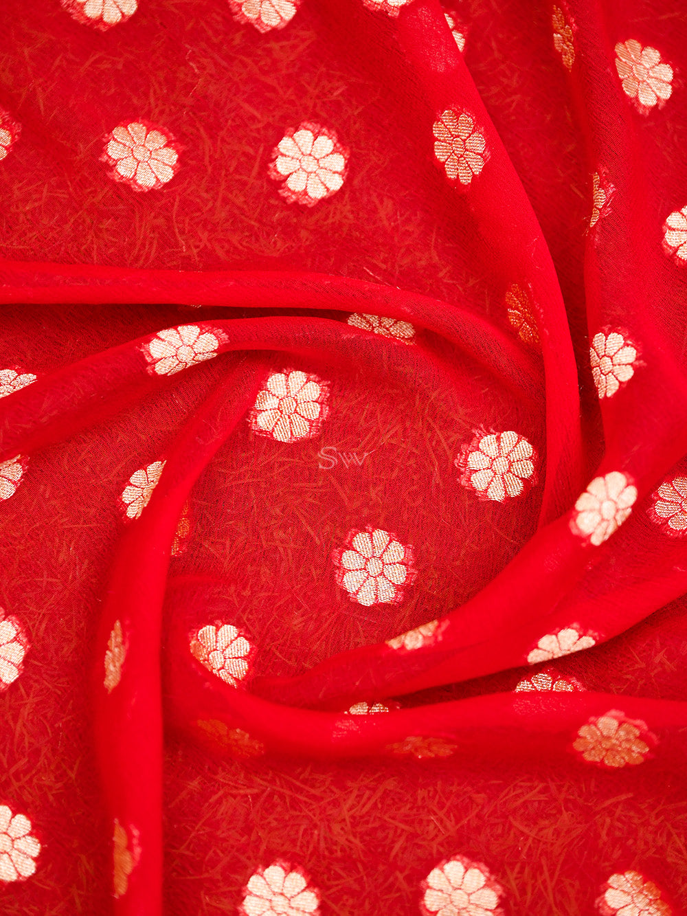 Red Booti Khaddi Georgette Handloom Banarasi Saree - Sacred Weaves