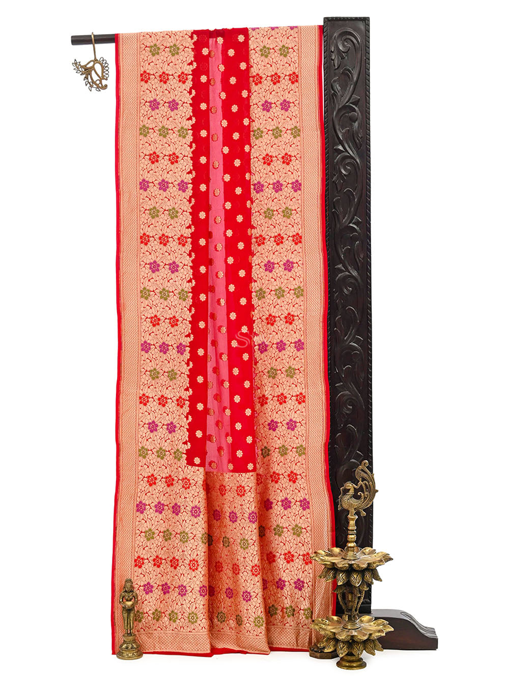Red Booti Khaddi Georgette Handloom Banarasi Saree - Sacred Weaves