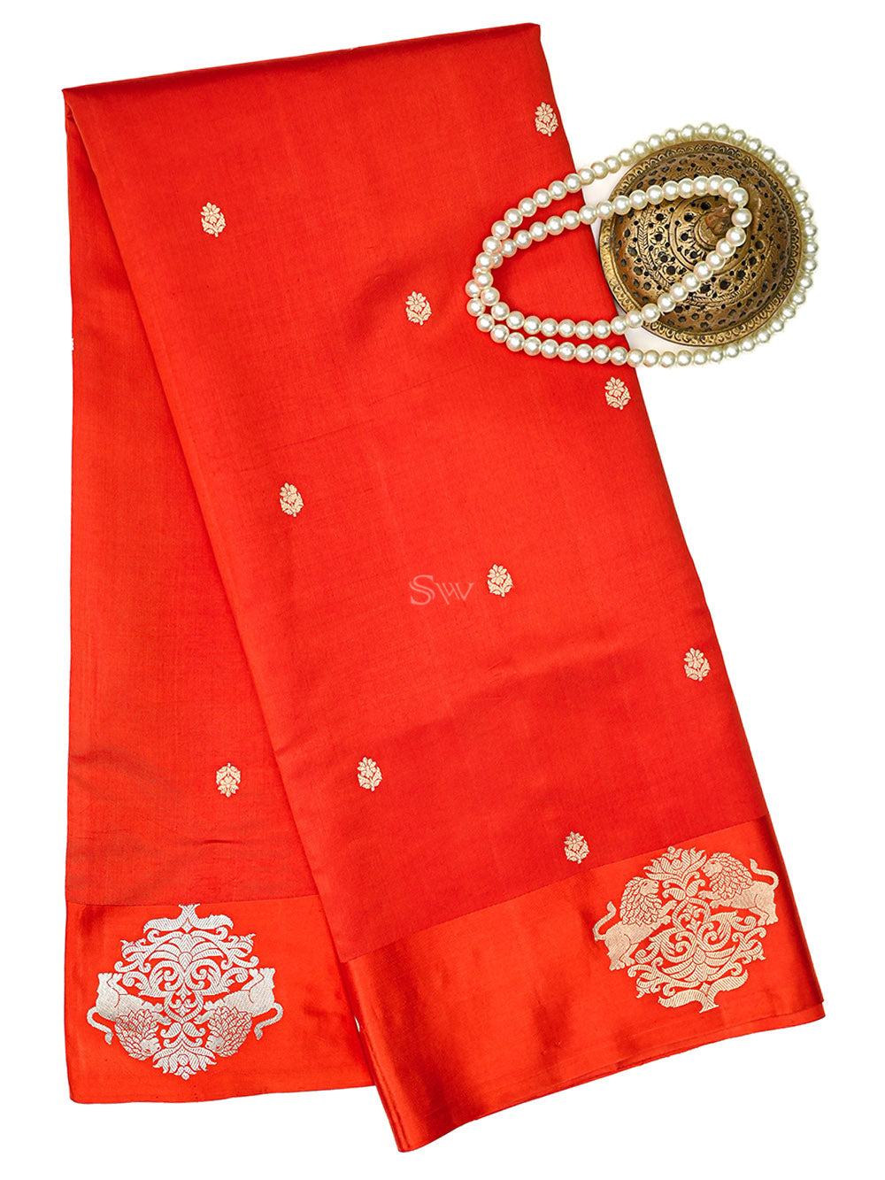 Orange Booti Katan Silk Handloom Banarasi Saree
