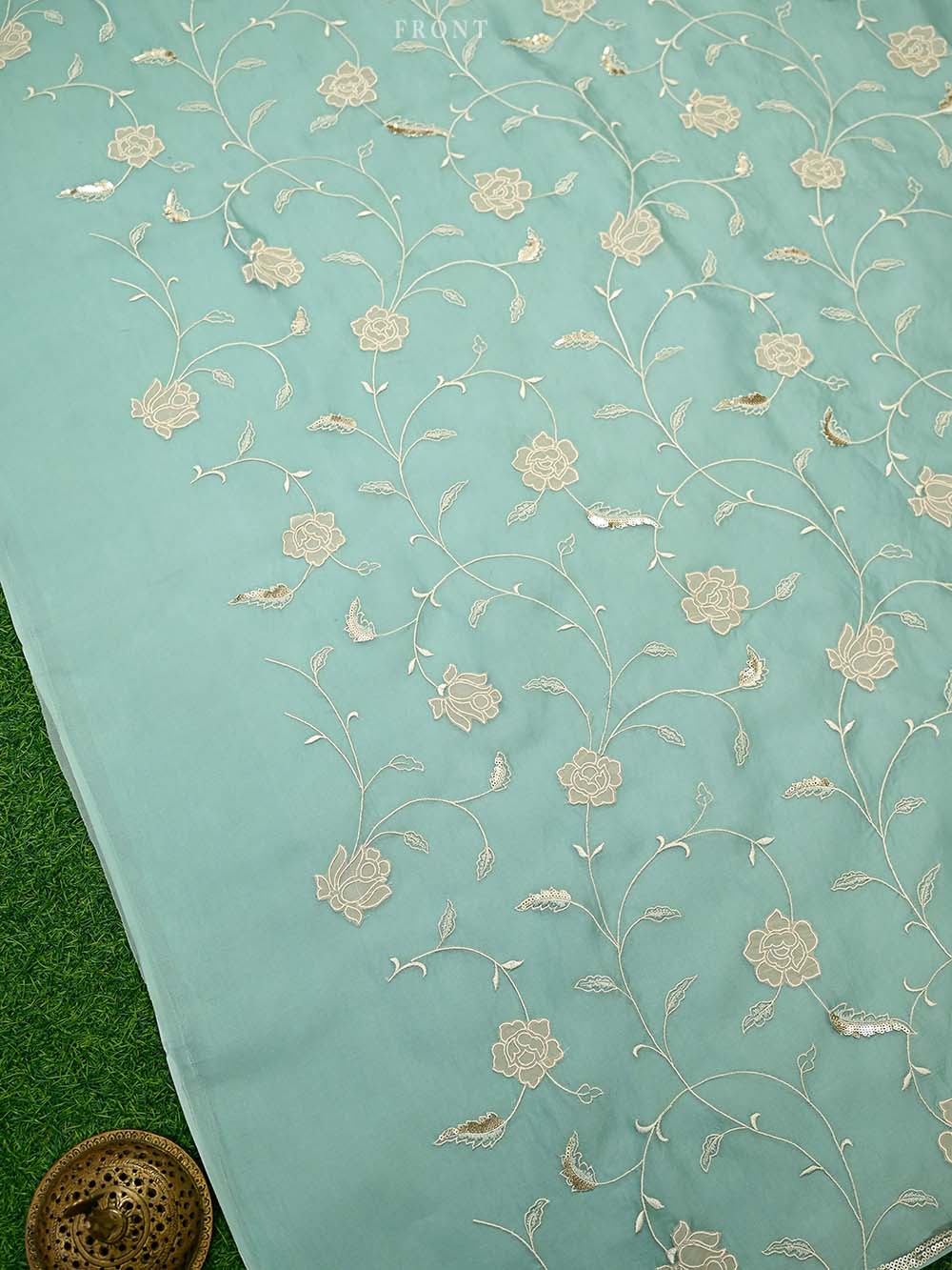 Aqua Green Embroidered Organza Handloom Banarasi Suit - Sacred Weaves