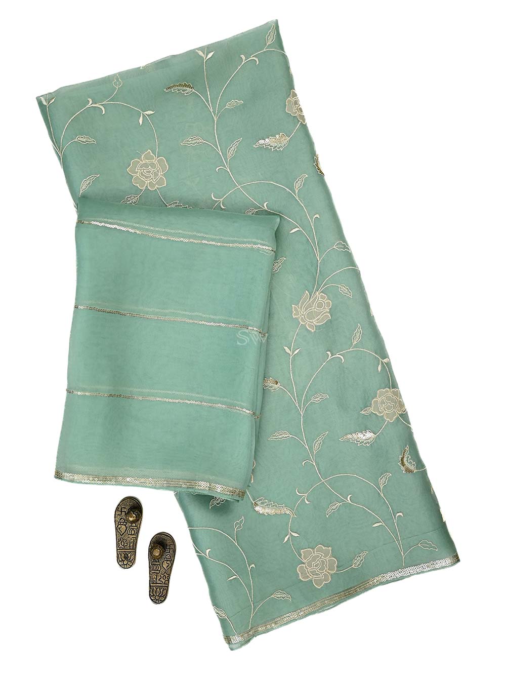 Aqua Green Embroidered Organza Handloom Banarasi Suit - Sacred Weaves