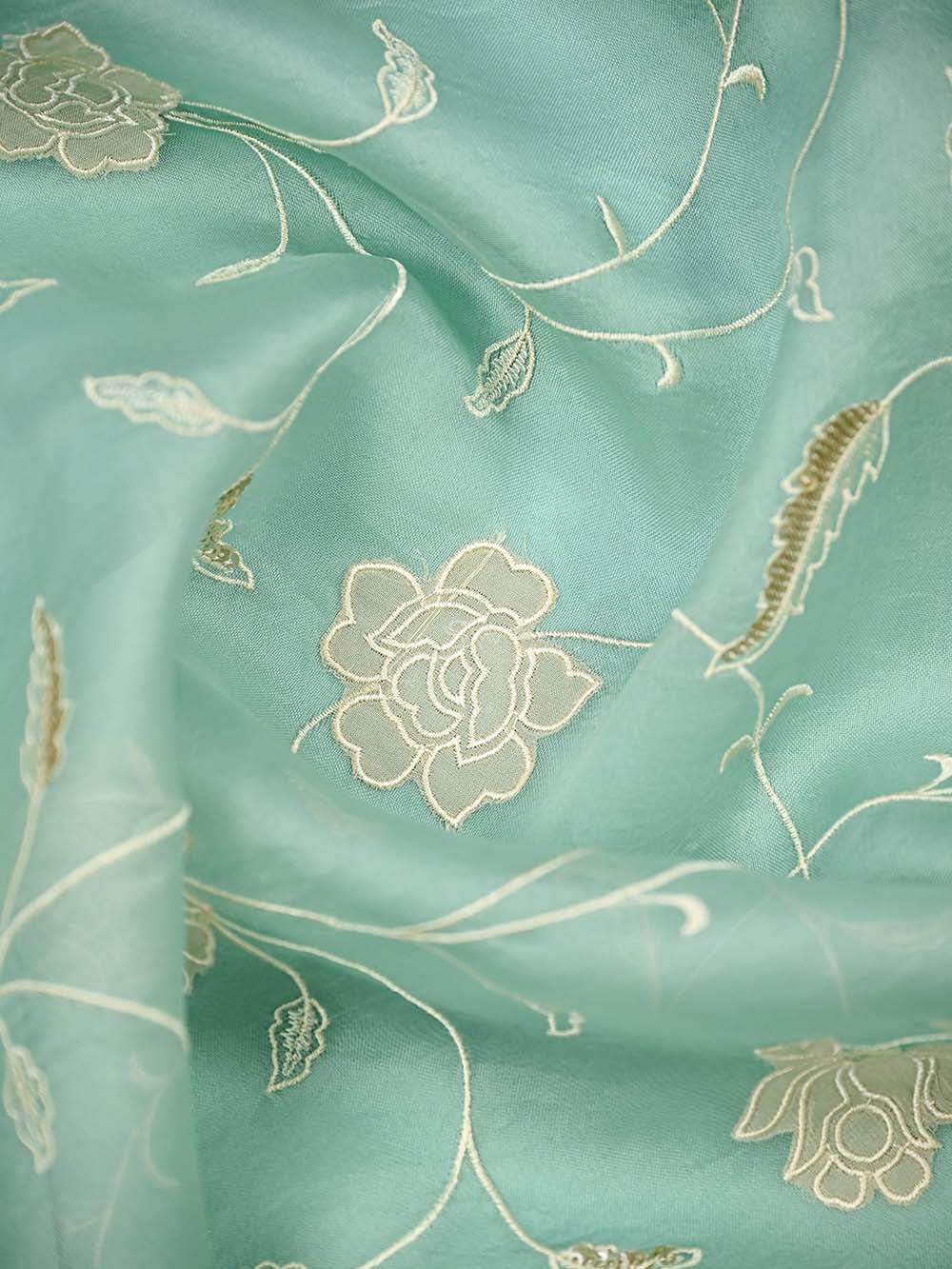 Aqua Green Embroidered Organza Handloom Banarasi Suit - Sacred Weaves