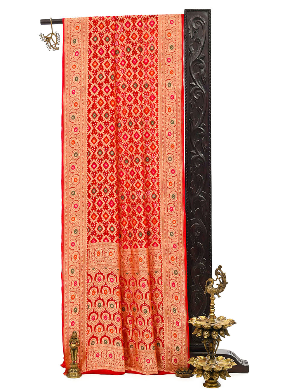 Dark Red Bandhani Khaddi Georgette Handloom Banarasi Saree - Sacred Weaves