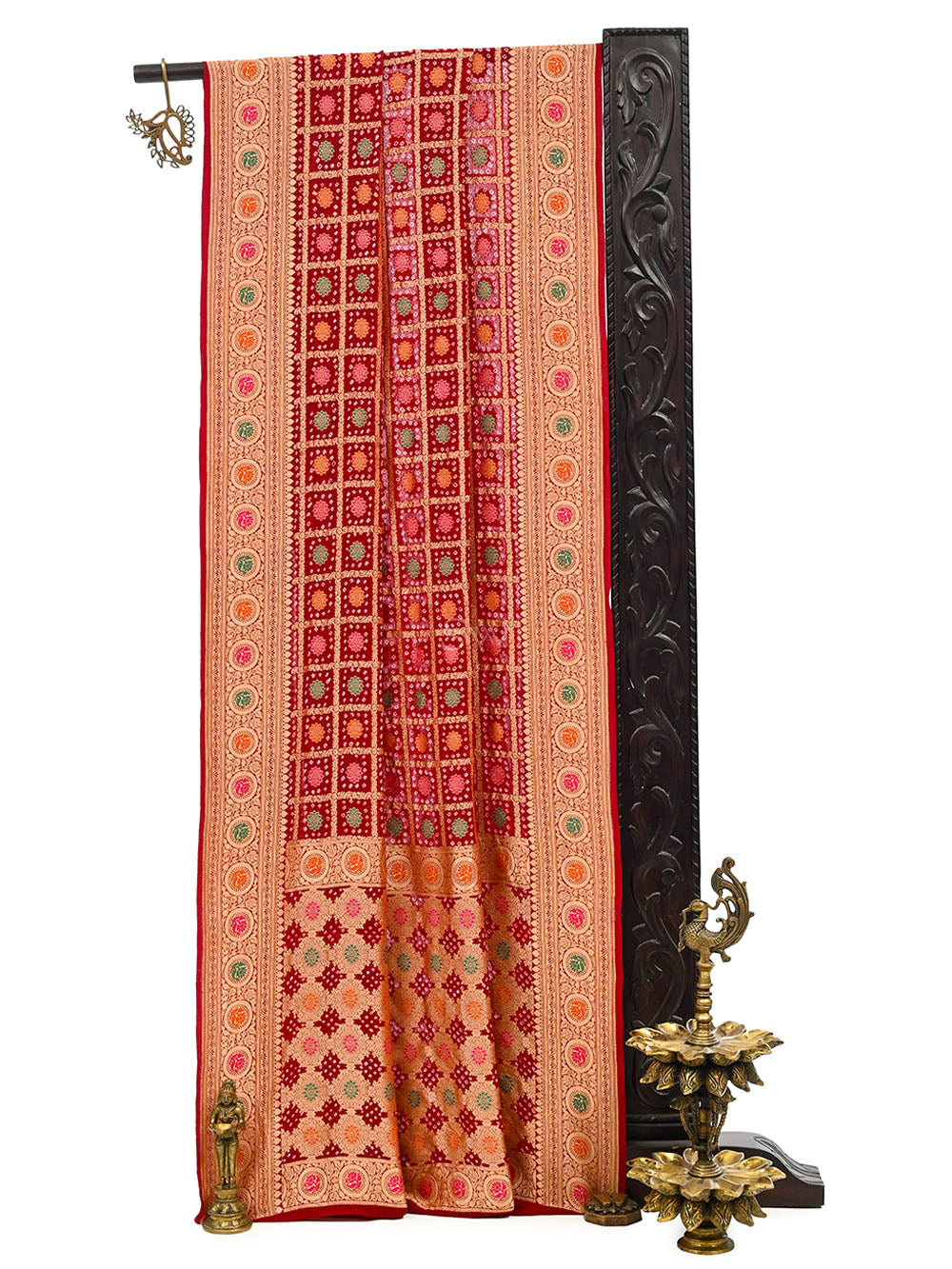 Dark Maroon Bandhani Khaddi Georgette Handloom Banarasi Saree - Sacred Weaves