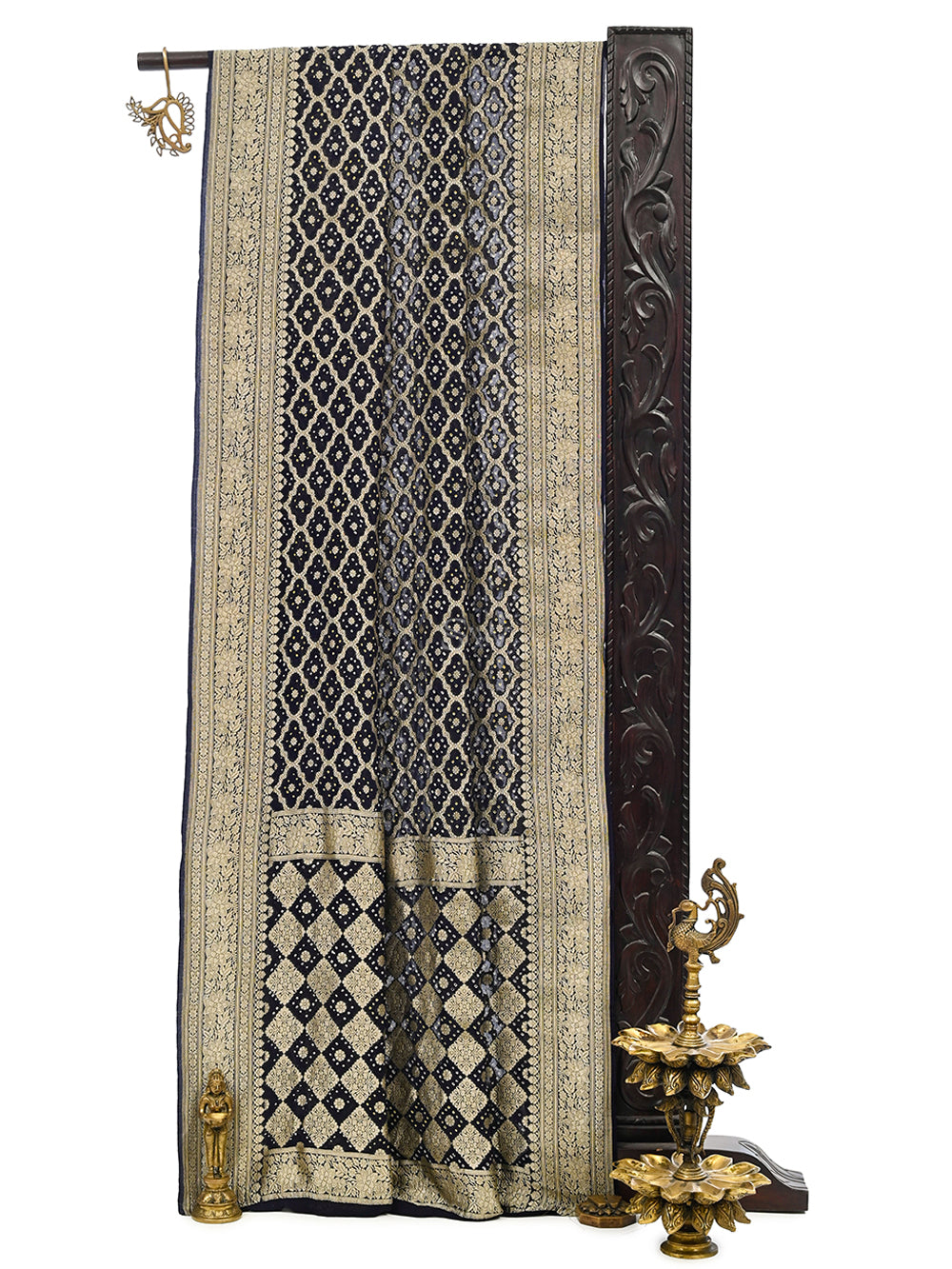 Navy Blue Bandhani Khaddi Georgette Handloom Banarasi Saree - Sacred Weaves