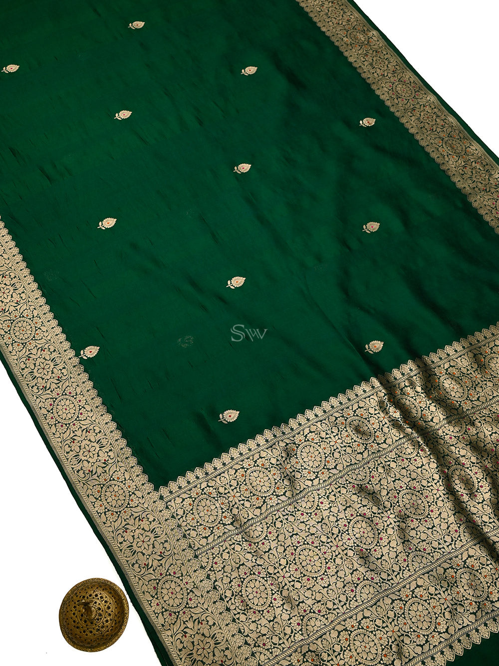 Bottle Green Booti Silk Handloom Banarasi Saree - Sacred Weaves