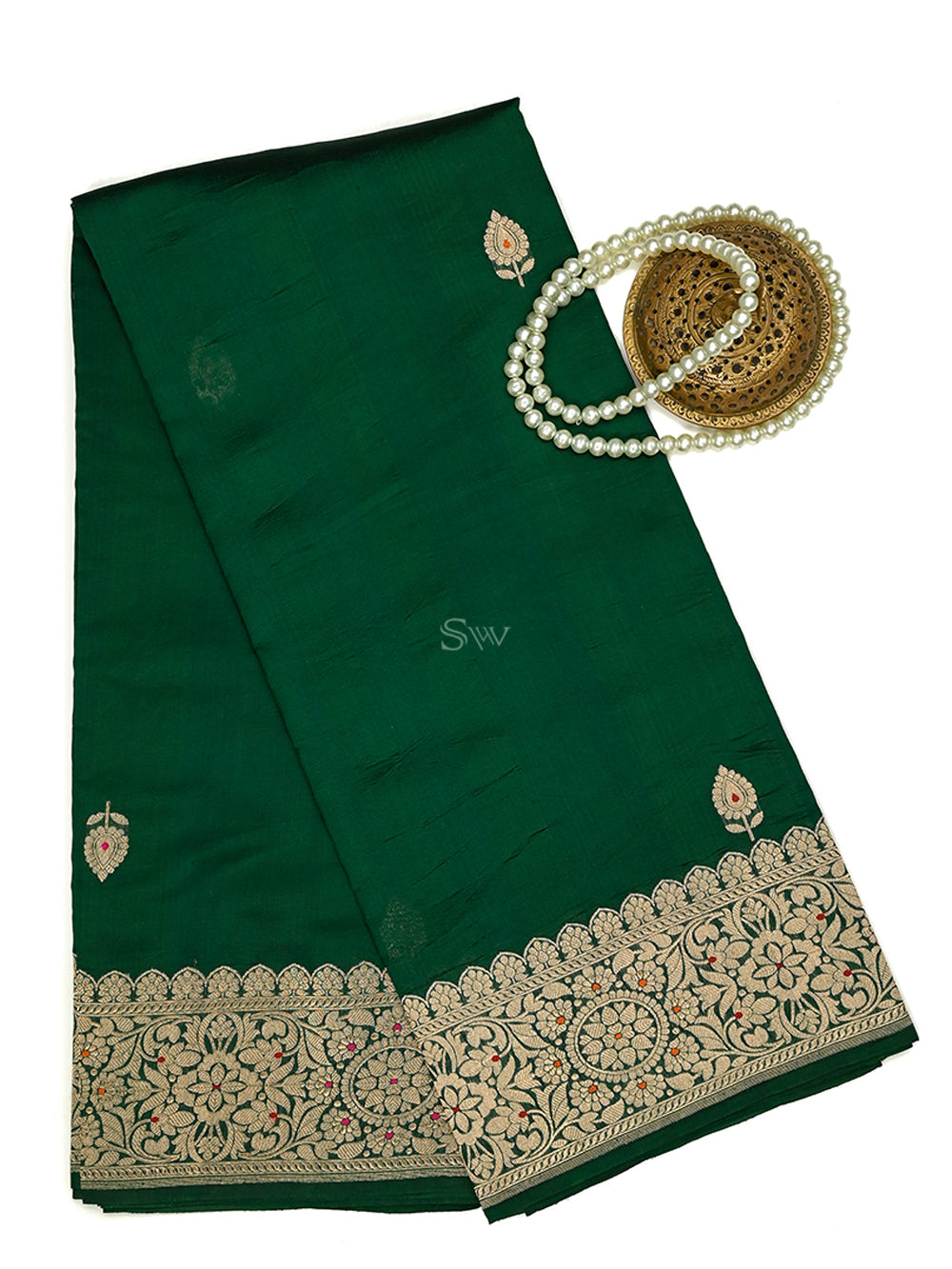 Bottle Green Booti Silk Handloom Banarasi Saree - Sacred Weaves