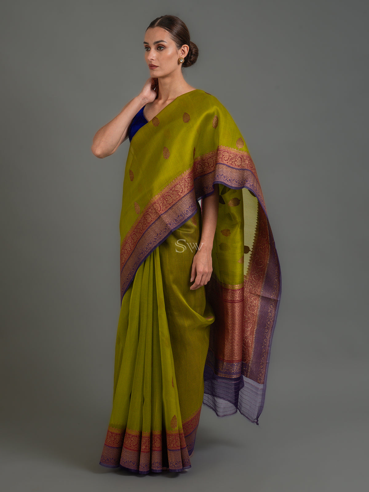 Parrot Green Boota Organza Silk Handloom Banarasi Saree - Sacred Weaves