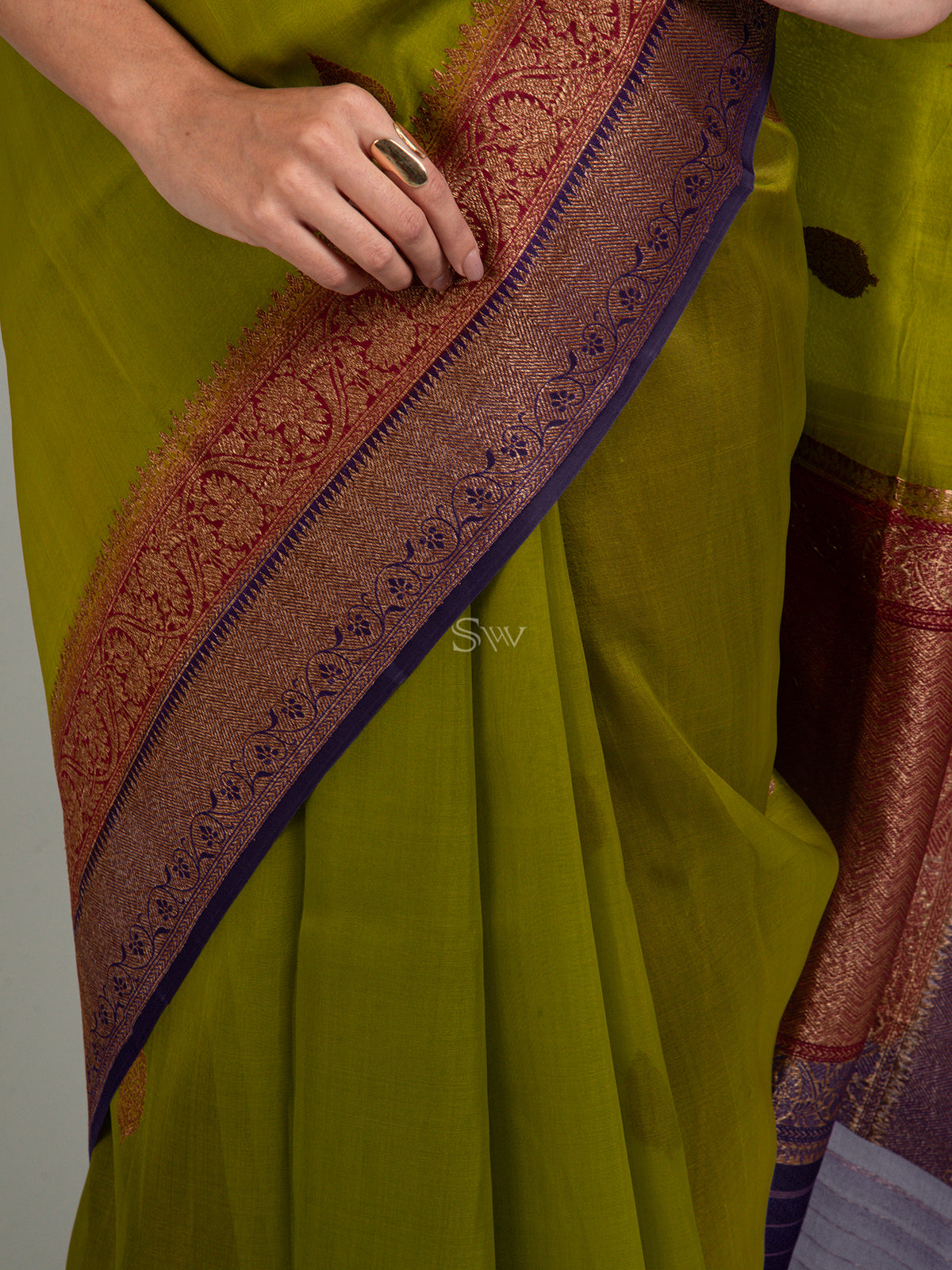 Parrot Green Boota Organza Silk Handloom Banarasi Saree - Sacred Weaves