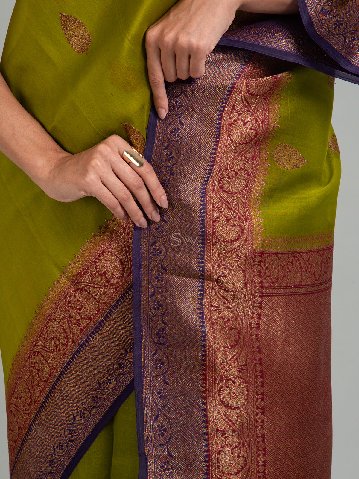 Parrot Green Boota Organza Silk Handloom Banarasi Saree - Sacred Weaves