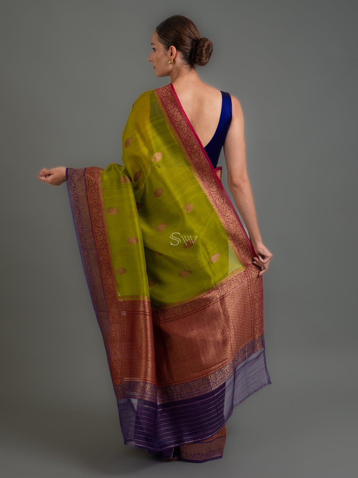 Parrot Green Boota Organza Silk Handloom Banarasi Saree - Sacred Weaves