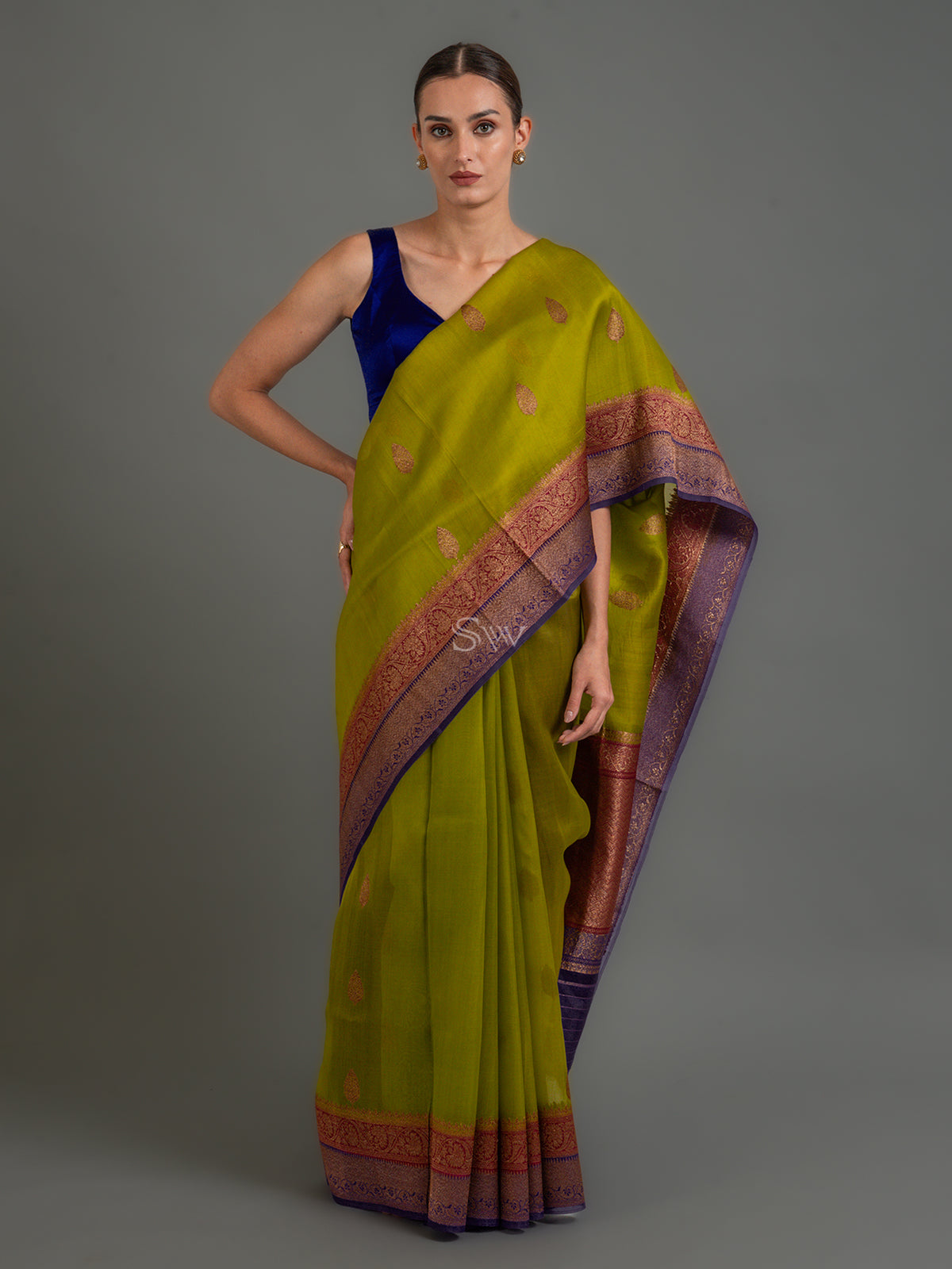 Parrot Green Boota Organza Silk Handloom Banarasi Saree - Sacred Weaves