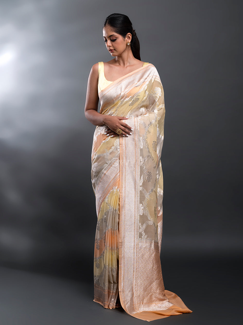 Peach Yellow Rangkat Khaddi Georgette Handloom Banarasi Saree - Sacred Weaves
