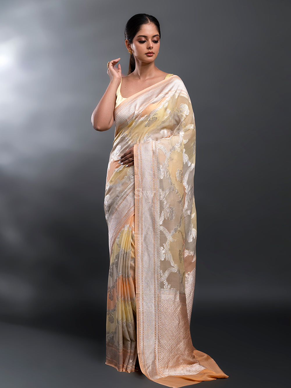 Peach Yellow Rangkat Khaddi Georgette Handloom Banarasi Saree - Sacred Weaves