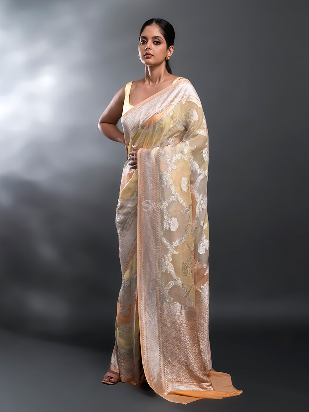 Peach Yellow Rangkat Khaddi Georgette Handloom Banarasi Saree - Sacred Weaves