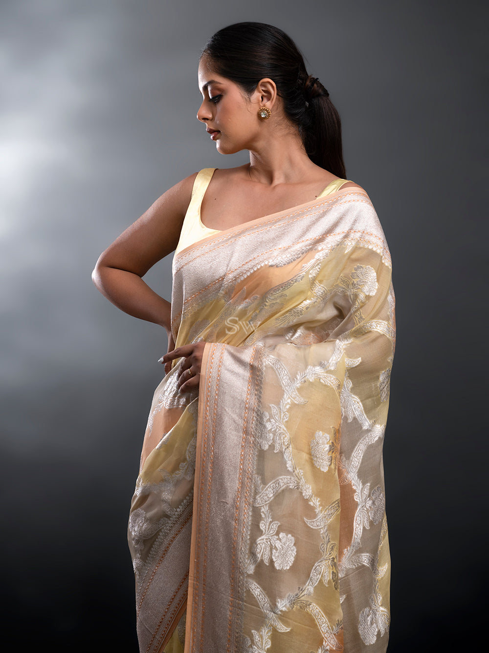 Peach Yellow Rangkat Khaddi Georgette Handloom Banarasi Saree - Sacred Weaves