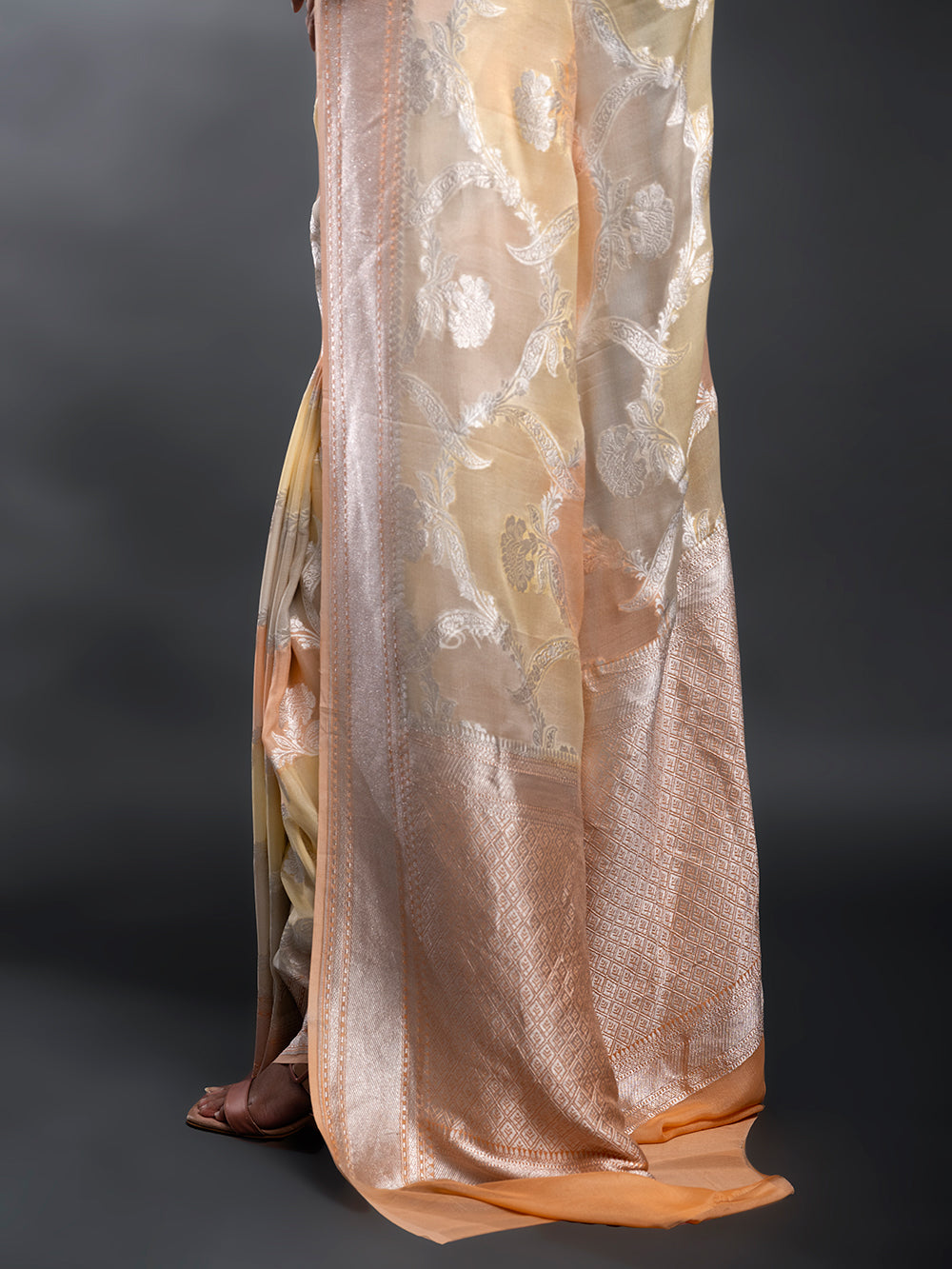Peach Yellow Rangkat Khaddi Georgette Handloom Banarasi Saree - Sacred Weaves