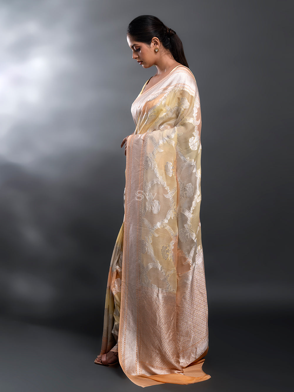 Peach Yellow Rangkat Khaddi Georgette Handloom Banarasi Saree - Sacred Weaves