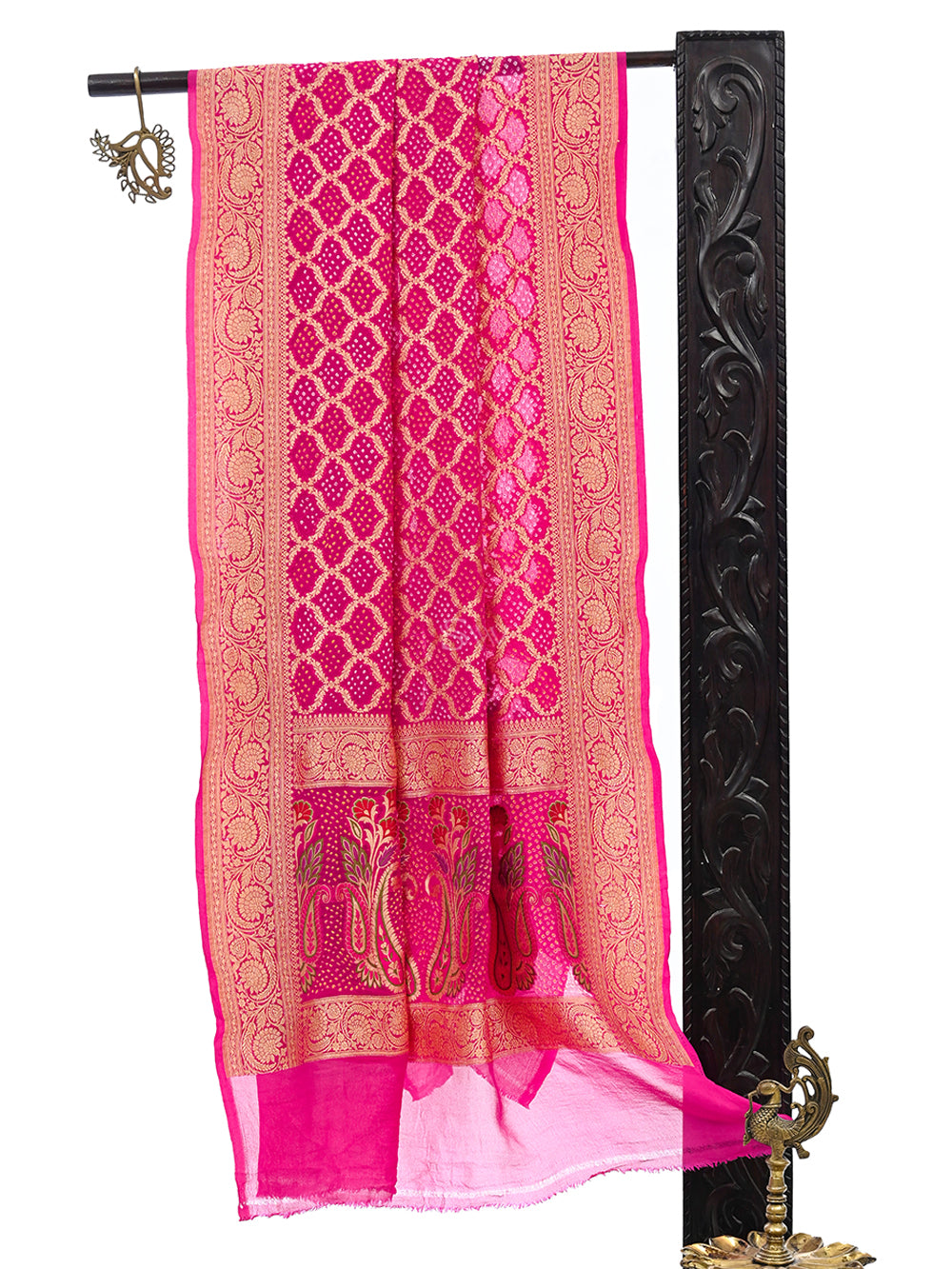 Bright Pink Bandhani Khaddi Georgette Handloom Banarasi Dupatta