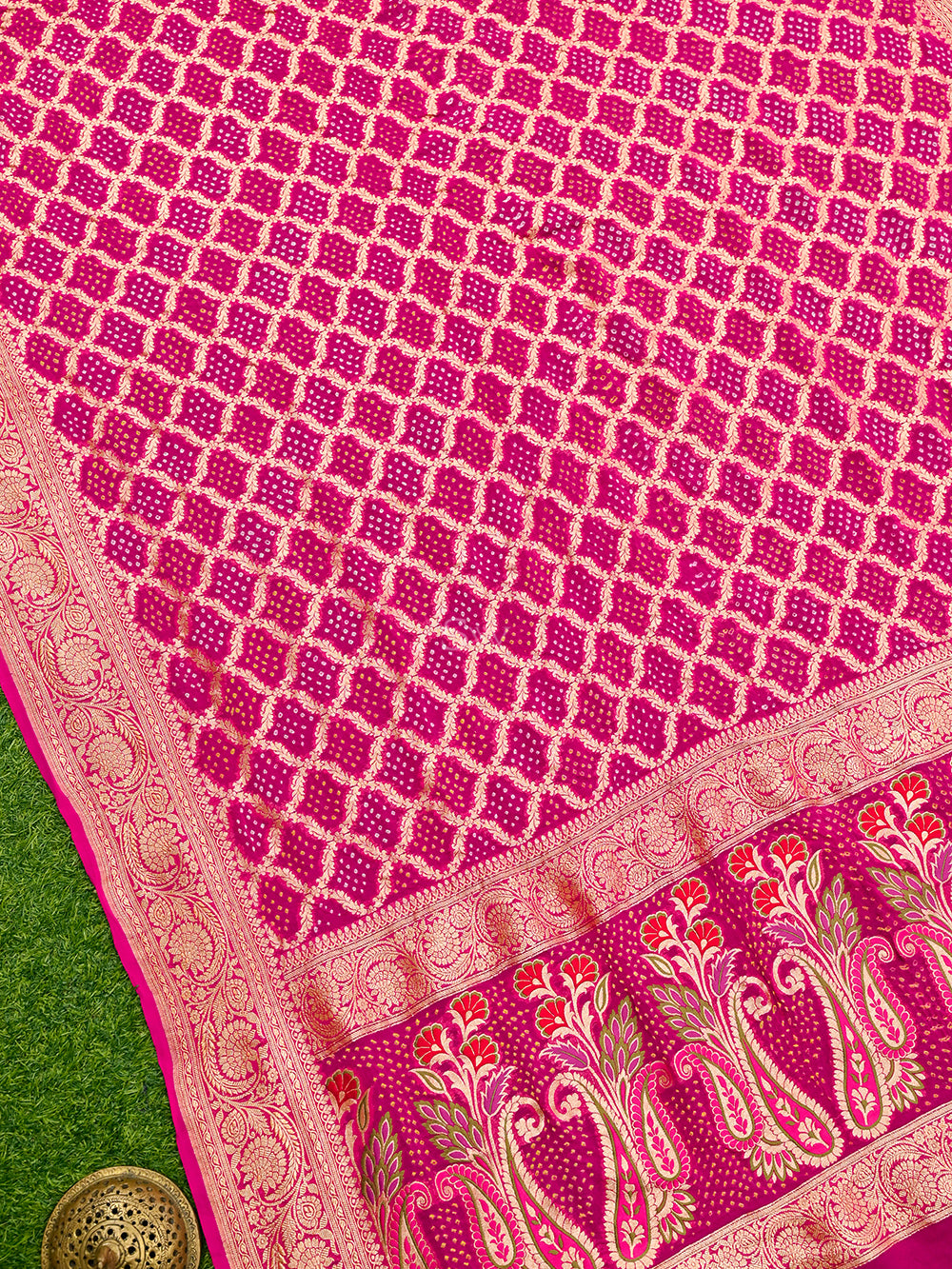 Bright Pink Bandhani Khaddi Georgette Handloom Banarasi Dupatta