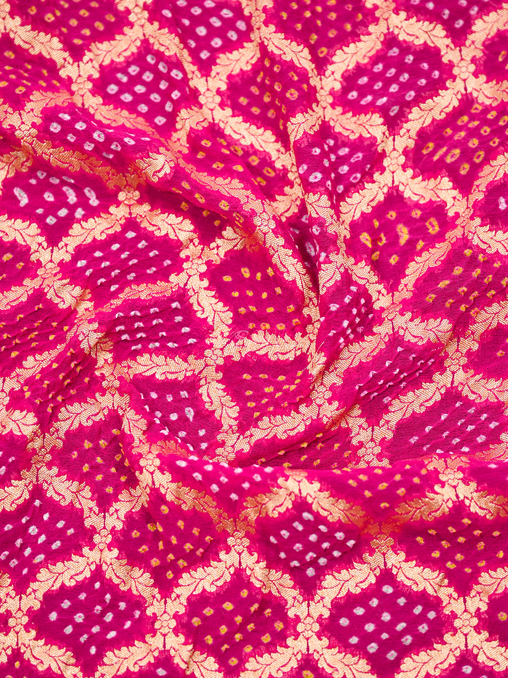 Bright Pink Bandhani Khaddi Georgette Handloom Banarasi Dupatta