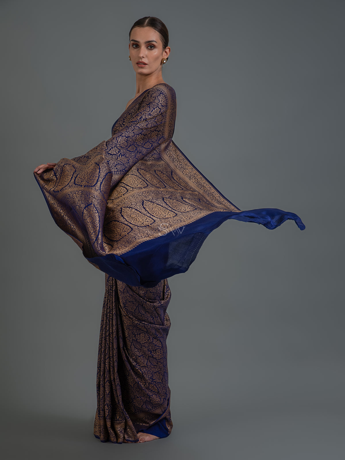 Navy Blue Jaal Crepe Silk Handloom Banarasi Saree - Sacred Weaves 
