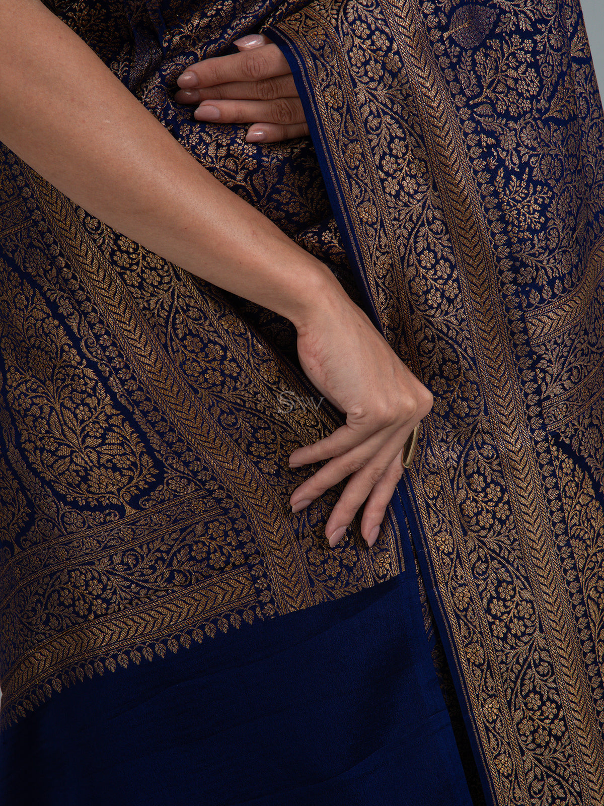 Navy Blue Jaal Crepe Silk Handloom Banarasi Saree - Sacred Weaves 