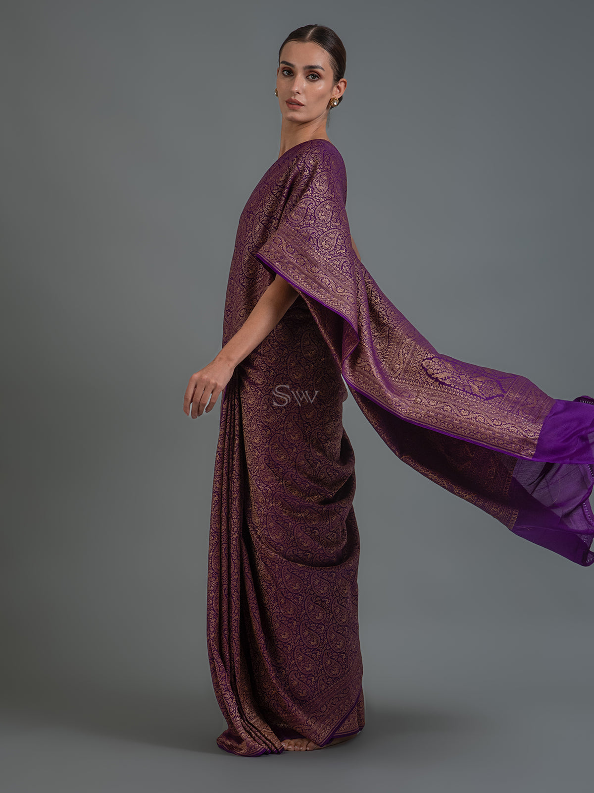 Purple Jaal Crepe Silk Handloom Banarasi Saree - Sacred Weaves 