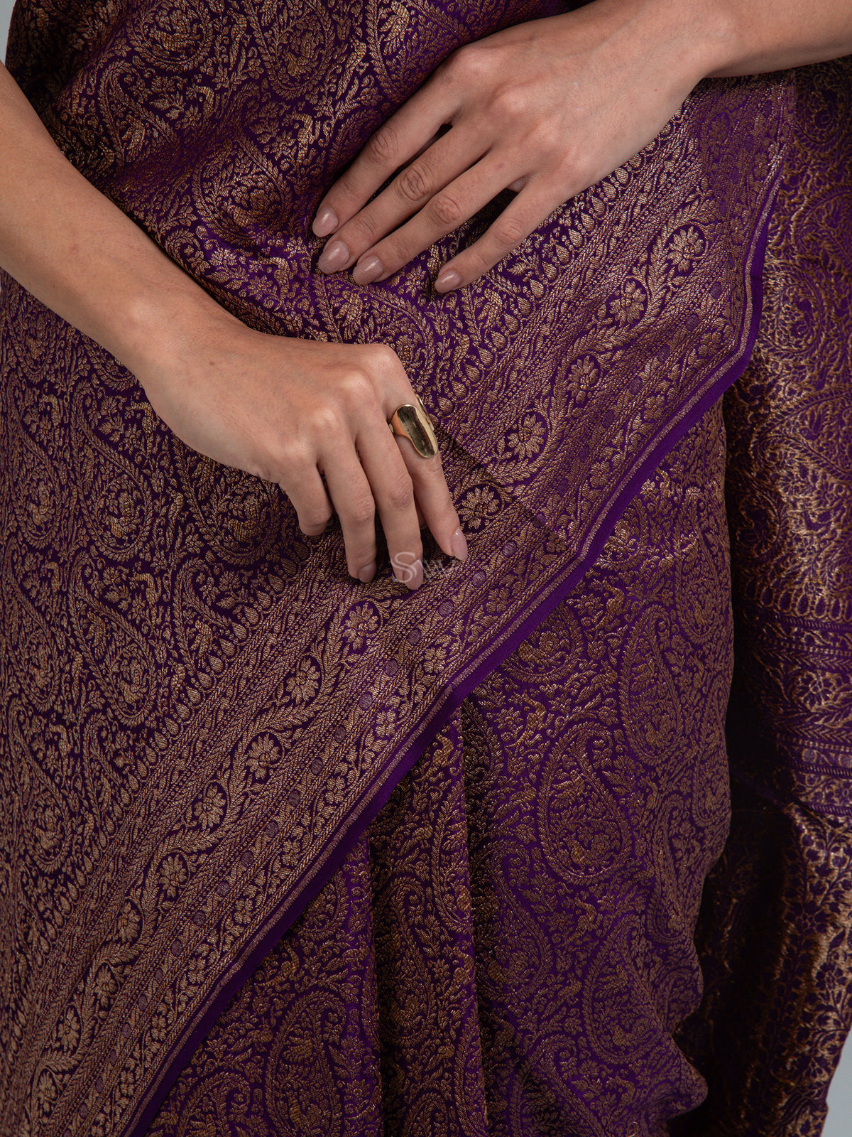 Purple Jaal Crepe Silk Handloom Banarasi Saree - Sacred Weaves 