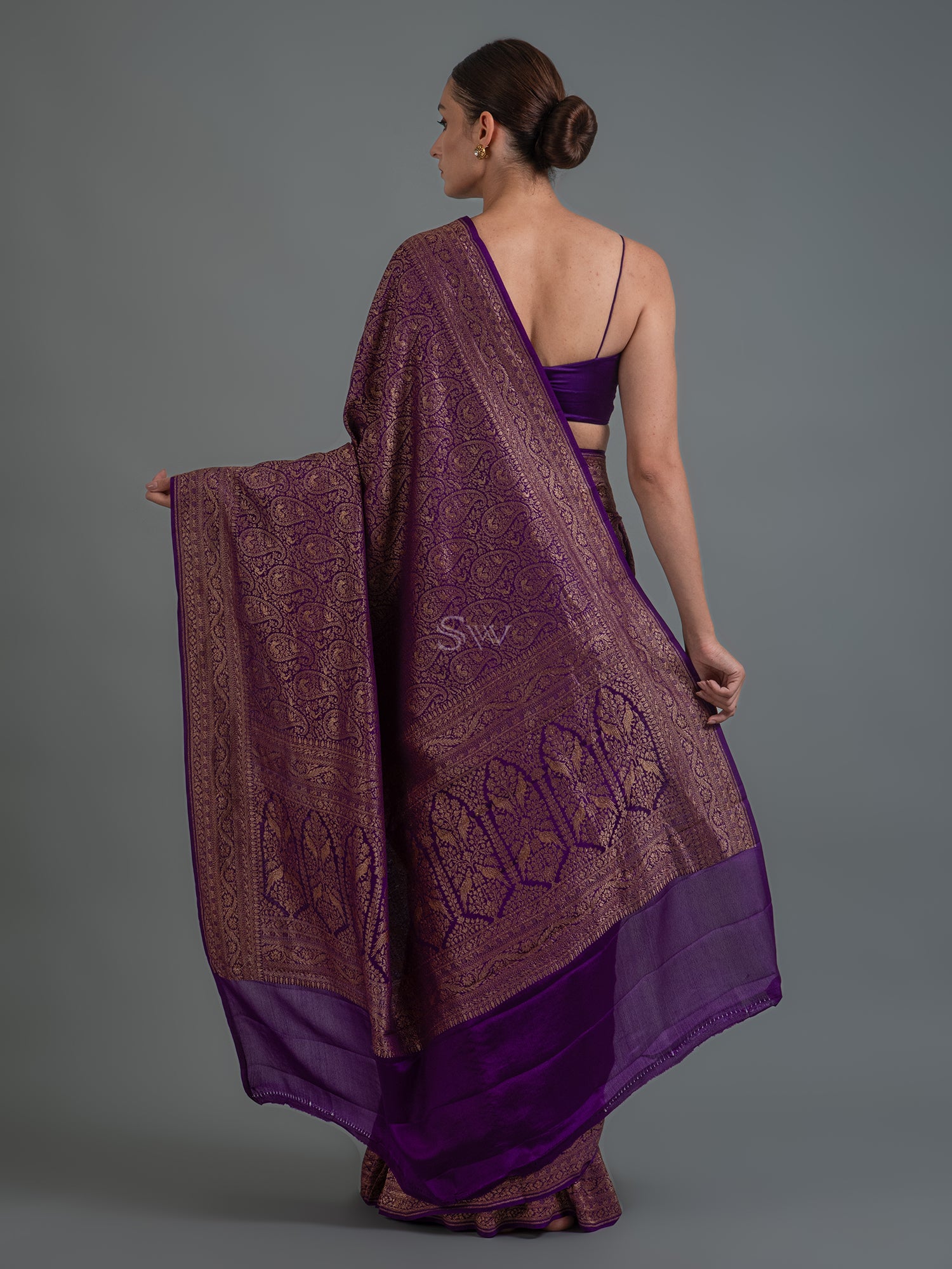 Purple Jaal Crepe Silk Handloom Banarasi Saree - Sacred Weaves 
