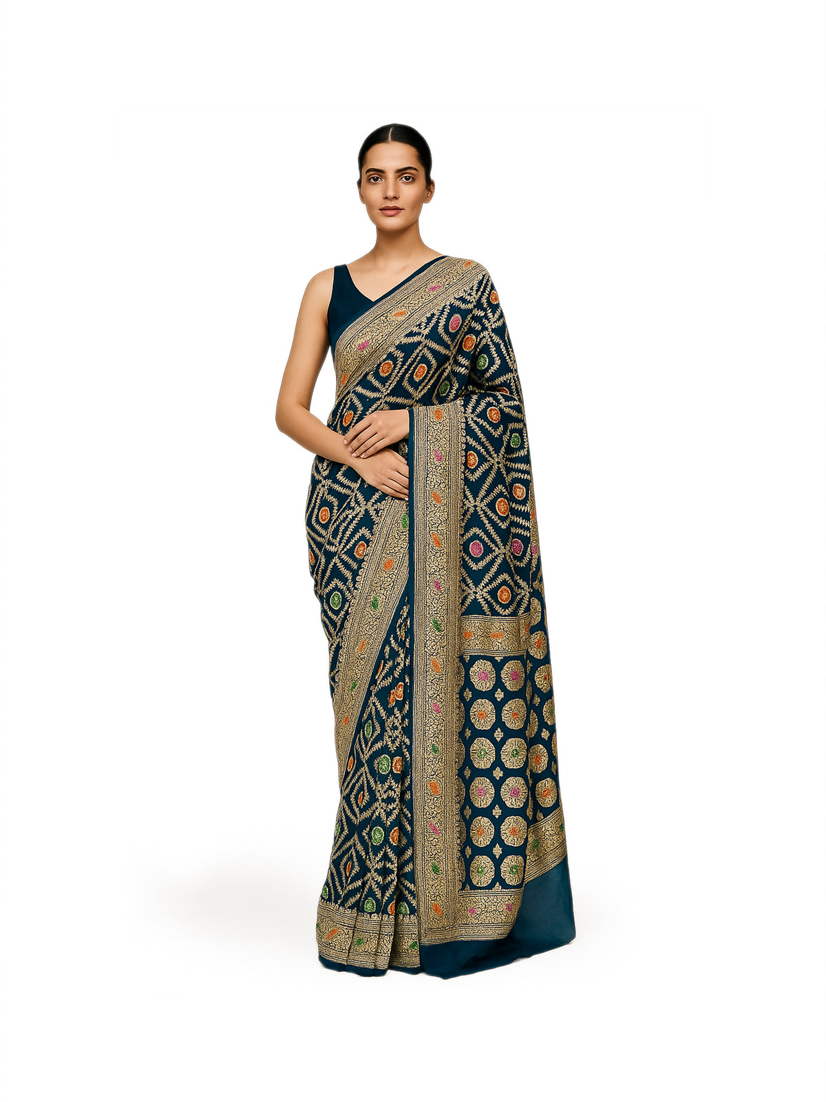 Midnight Blue Meenakari Jaal Khaddi Georgette Handloom Banarasi Saree
