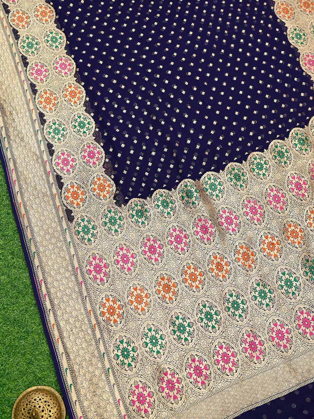 Navy Blue Booti Khaddi Georgette Handloom Banarasi Saree - Sacred Weaves