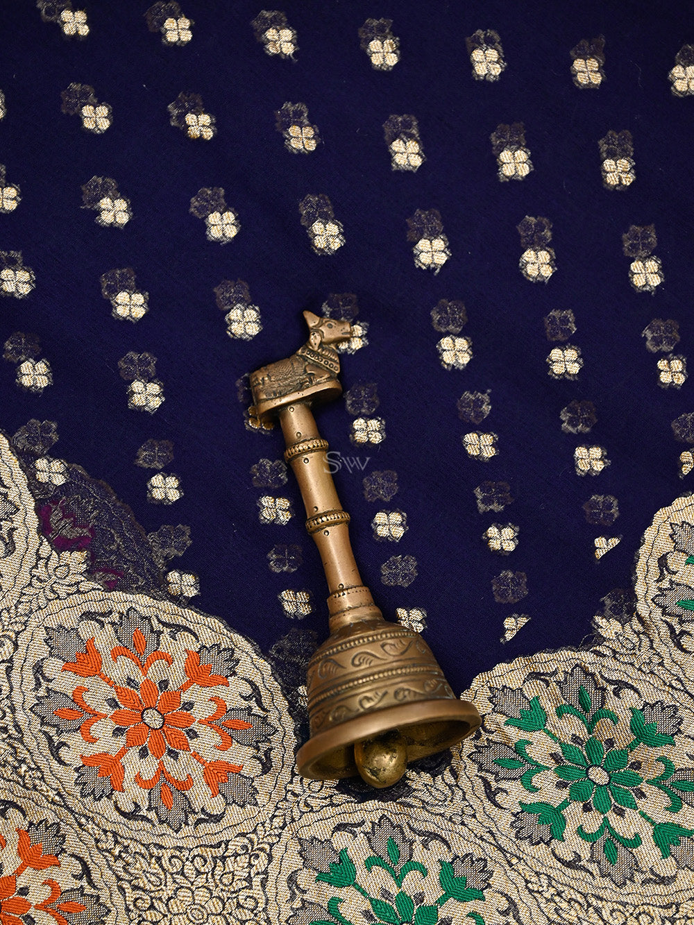 Navy Blue Booti Khaddi Georgette Handloom Banarasi Saree - Sacred Weaves