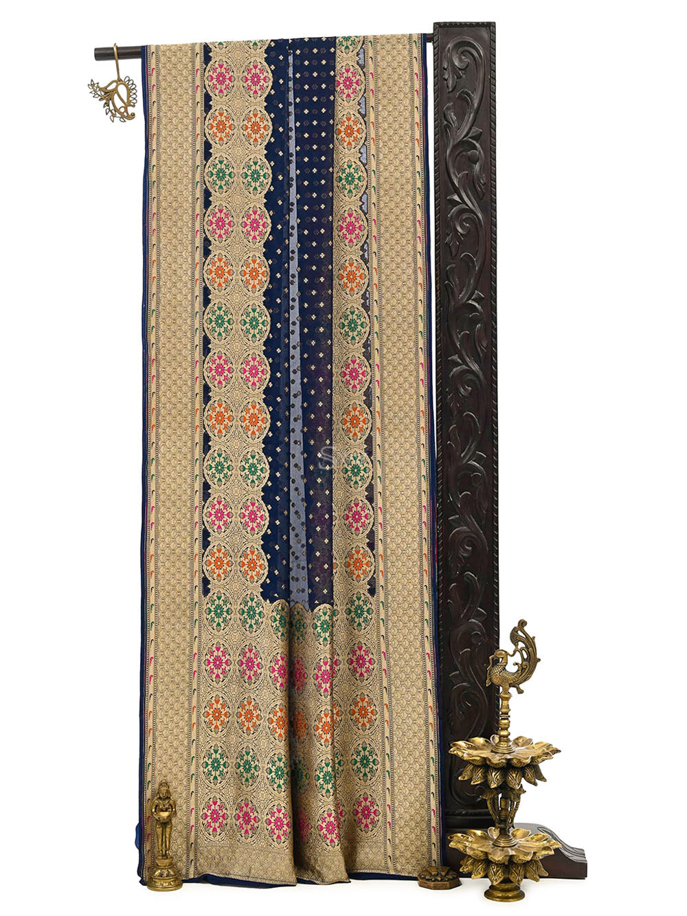Navy Blue Booti Khaddi Georgette Handloom Banarasi Saree - Sacred Weaves
